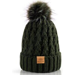 Women’s Dark Green Winter Ribbed Beanie Hat Chunky Cable Knit Pompom Warm